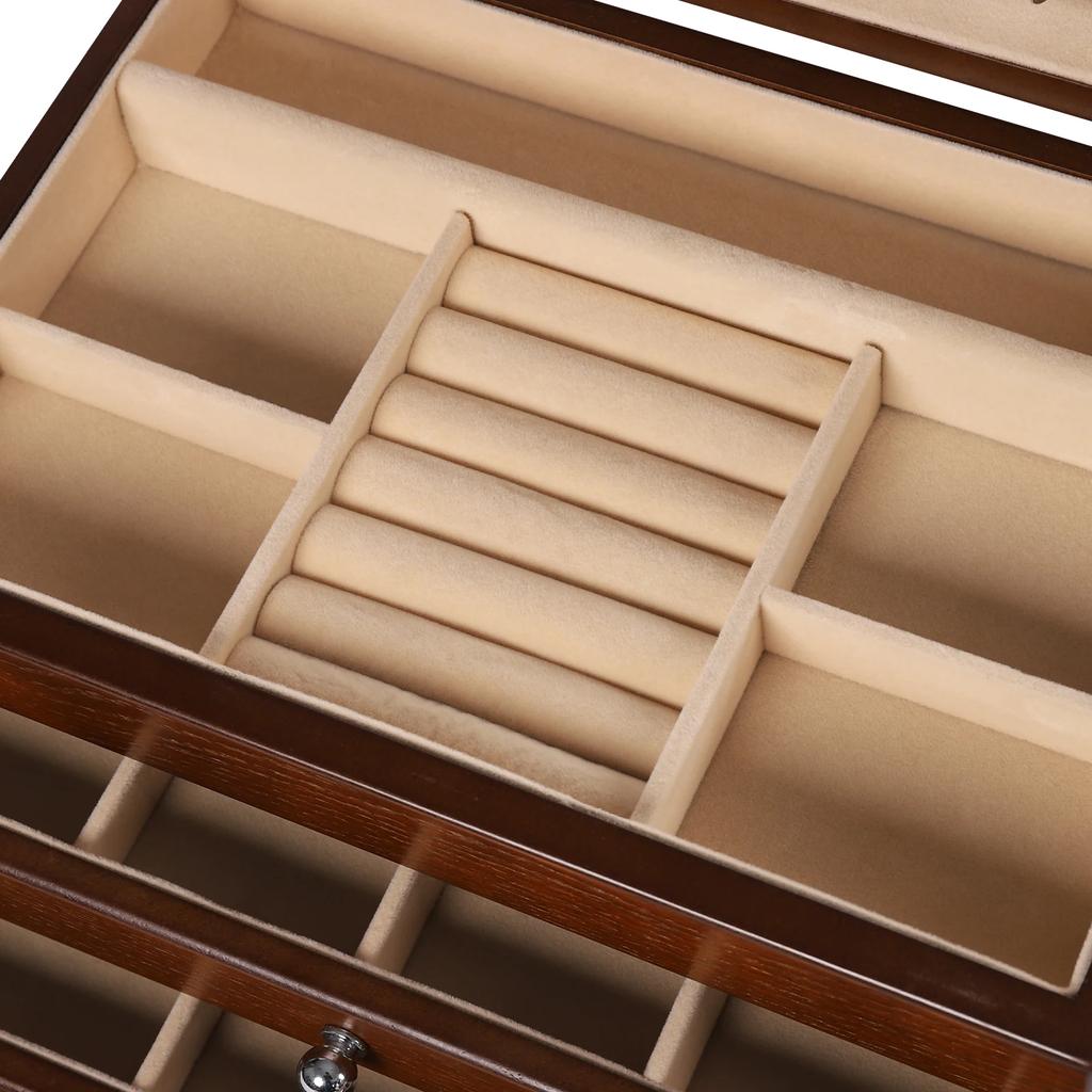 4-layer Large Wooden Jewelry Box W/ Mirror for Women, Jewelry Organizer Watches Necklace Ring Storage Box Great Gift