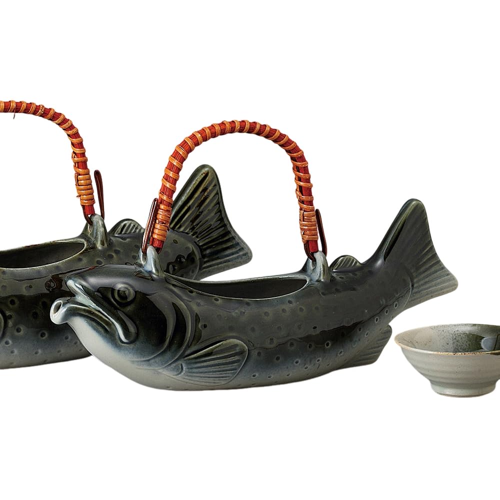 Ale-net Sake Set: Tokkuri (sake carafe) & Ochoko (sake cup) Set, 28 x 8 x H10cm, Approx. 550cc, Oribe Bone Sake Iwana (small), Tokkuri & Guinomi (2 cu