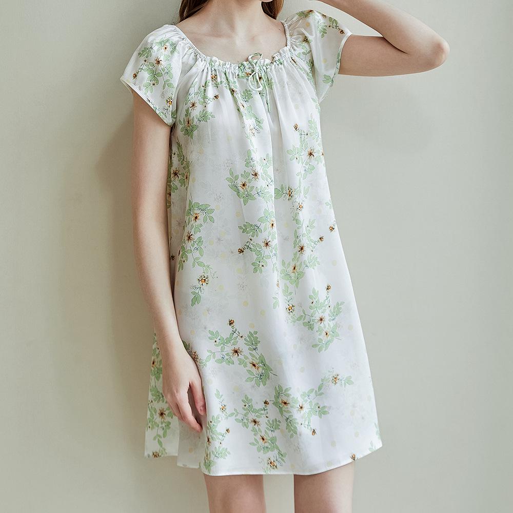 Women's Summer Short Sleeve Printed 100% Mulberry Silk Pajama Dress - Mid-length, Plus Size, Loose-fit Nightgown