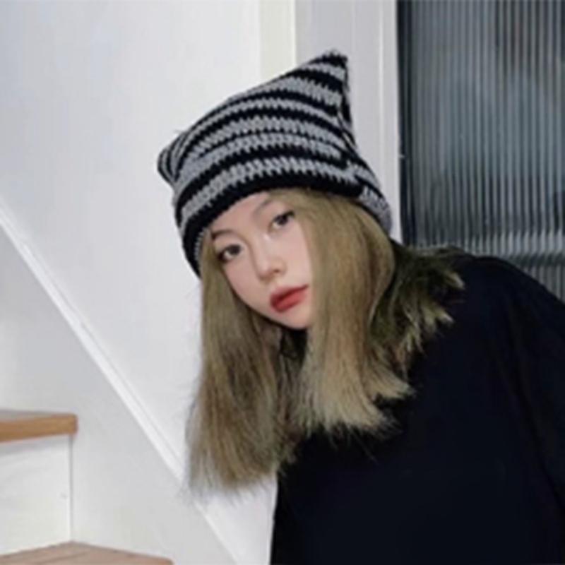 Y2K Devil Striped Knitted Hat Knitted Stripe Pattern Hat for Women Men Keep Ear Warm Hat with Paper Clip Decor