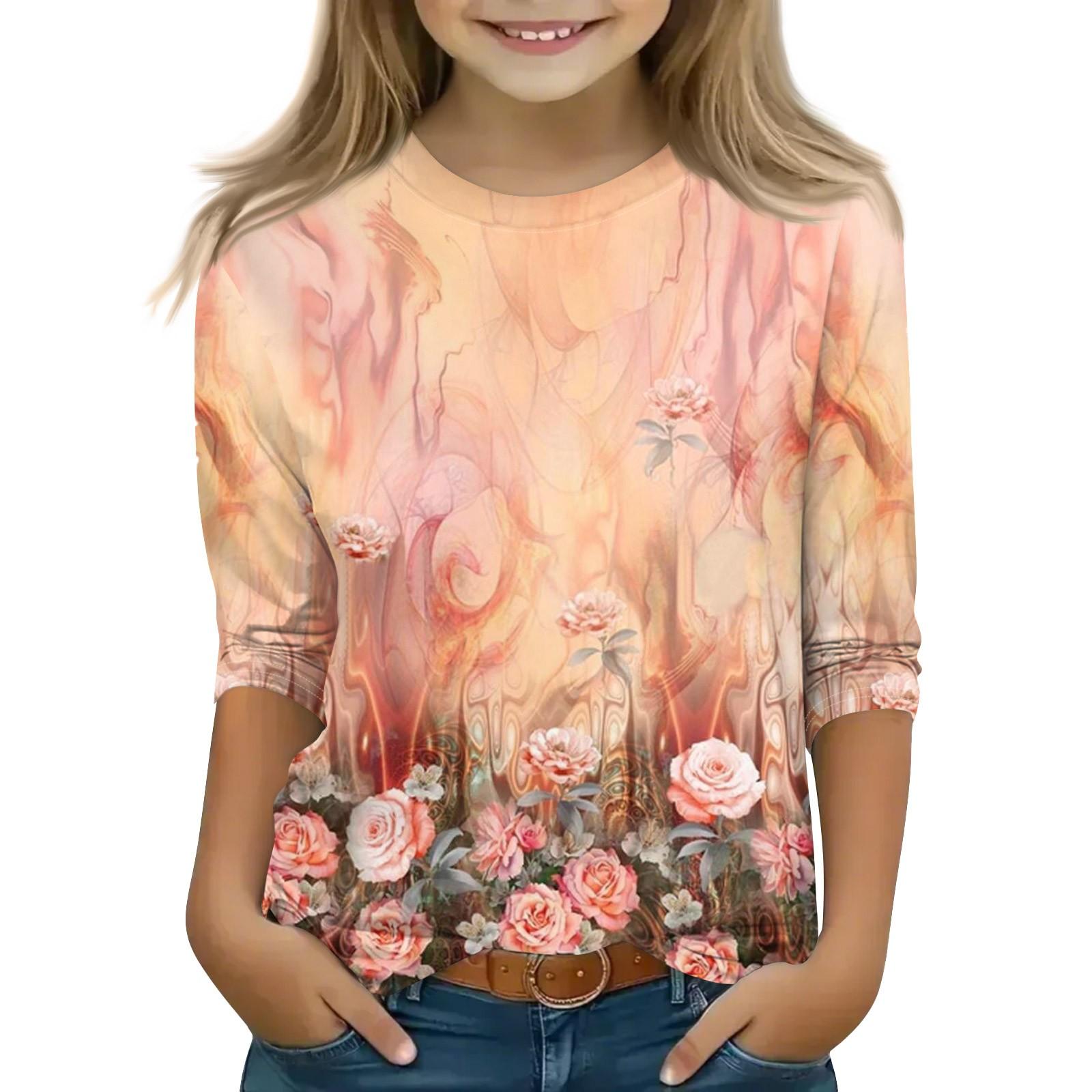 

Топы с принтом для девочек 5-16 лет с круглым вырезом и рукавами 3/4 Футболки Модные топы Наряды Футболки 140 шафрановый