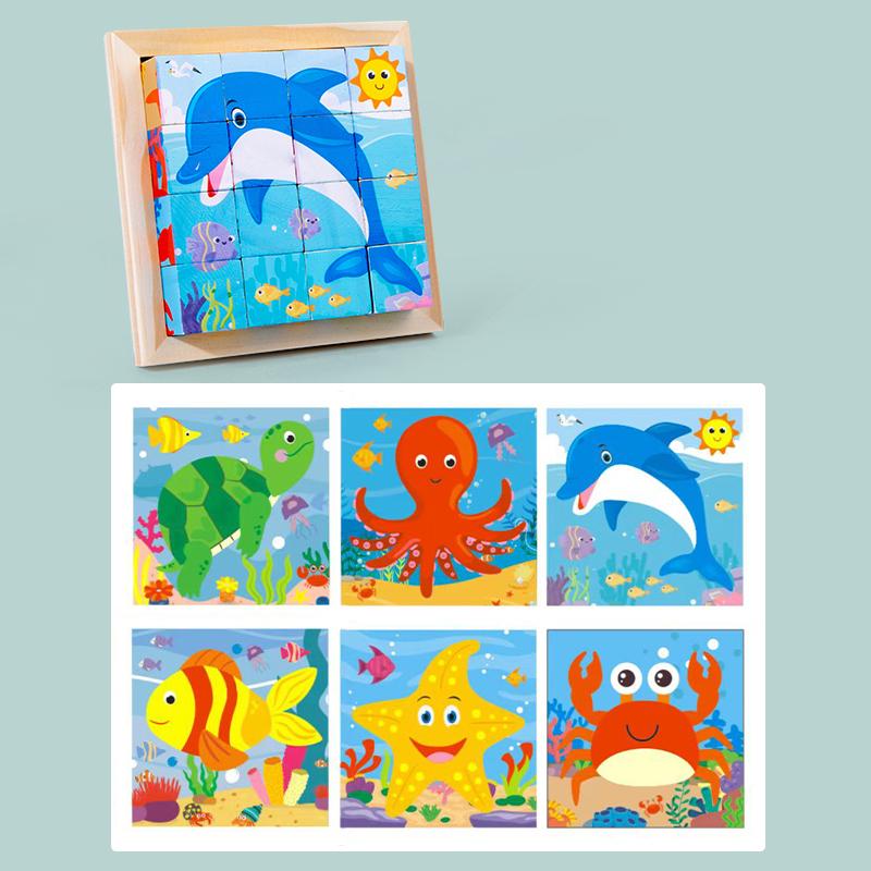Baby Wooden Blocks Toys Baby Cartoon Animal Tangram Children Six Side Cube Jigsaw Puzzles Game Kindergarten Educational Toy