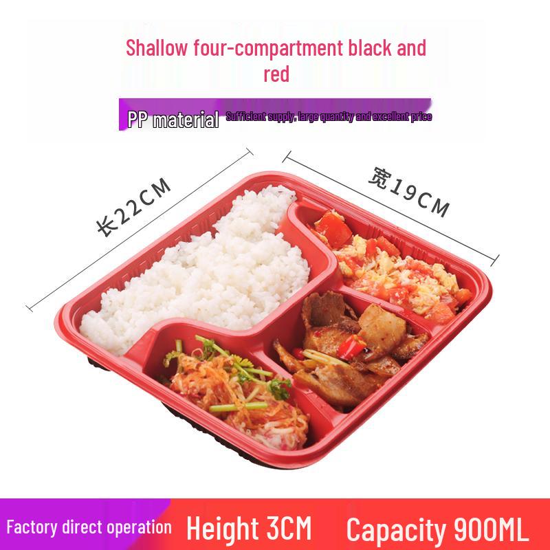 Four-Grid Disposable Plastic Bento Lunch Box with Lid, Multi-Compartment Food Packaging Container.