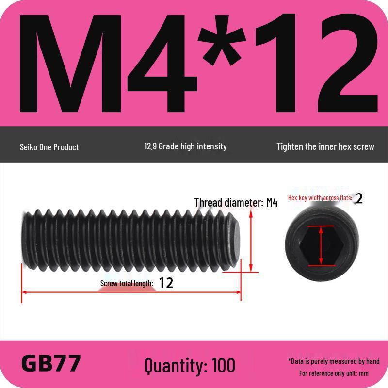 Class 12.9 Inner Hex Flat Head Headless Grub Screw M3-M12