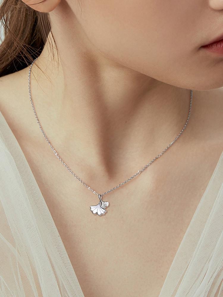 Three Lives Lucky Women's Ginkgo Leaf Pendant Necklace with White Mother-of-Pearl