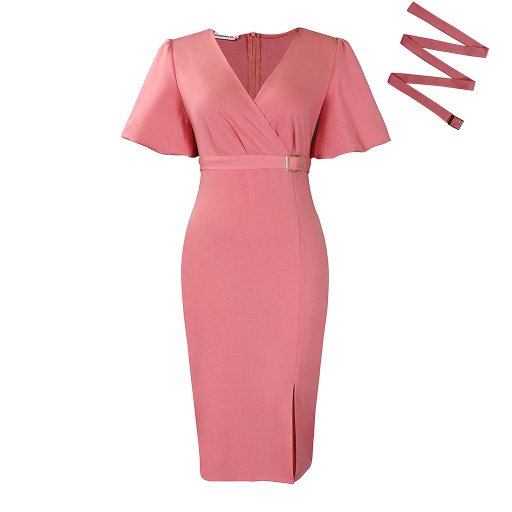 D Women's New Fashion V-Neck Bubble Sleeves Solid Color Waist Split Hip Wrap African Dress