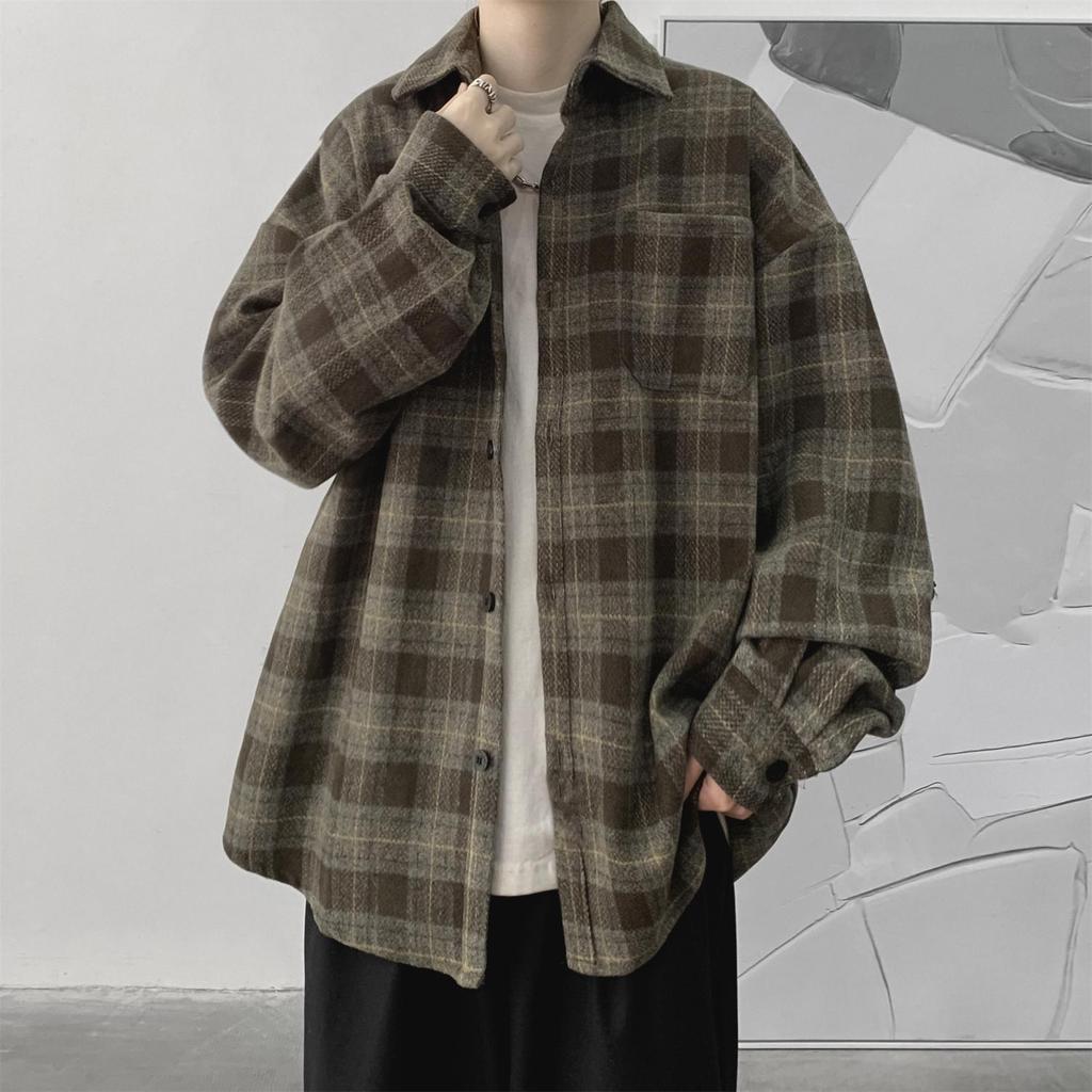 Men's Long-Sleeve Plaid Jacket - 2023 Spring/Autumn Hong Kong Style, Japanese-Inspired Workwear Shirt