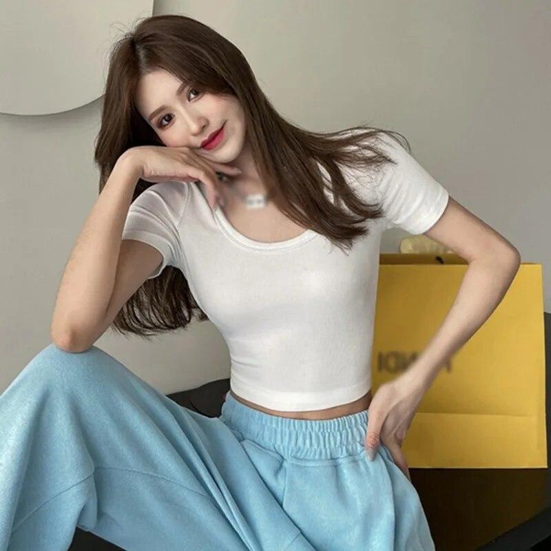 Kvinner Crop Top Firkantet Neck Slim Fit Kortermet Ensfarget Uformell Tee T-skjorte Workout Yoga Top Base Shirt
