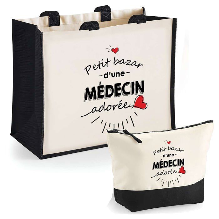 Coffret - PLANETEE - Duo cabas jute et trousse Bazar d'une Médecin adorée - jute naturel - DTF HD - Fabriqué en France