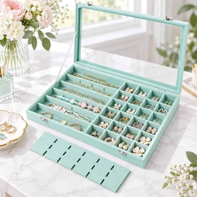Soft-Lined Jewelry Storage Tray with 48 Sections, Adjustable Dividers, and Clear Cover for Dresser or Drawer Storage