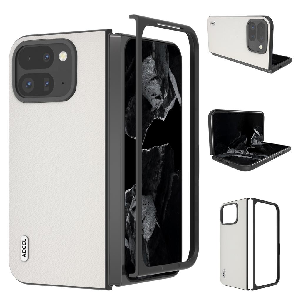 ABEEL For Google Pixel Fold 2 Case Genuine Cow Leather PC Phone Cover Black Edge