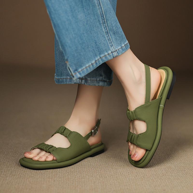 

Summer round head wide strip sandals women s rubber soft sole large size shoes buckle women s flat sandals white Korean version new 39 зелёный