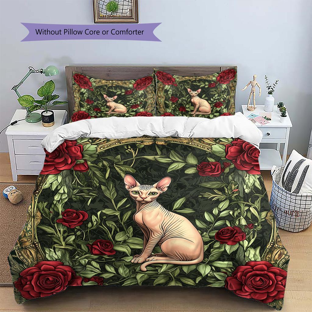 Cats and Dogs with Roses  Pattern Bedding Quilt Set  Home Decoration  Gift (1 * duvet cover + 2 * pillowcase, without core)