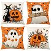 Set of 4 Halloween Pillow Covers Measuring Inches, Featuring Designs of Orange Pumpkins, Adorable Ghosts, And Black Cats. Perfect for Seasonal Decorat
