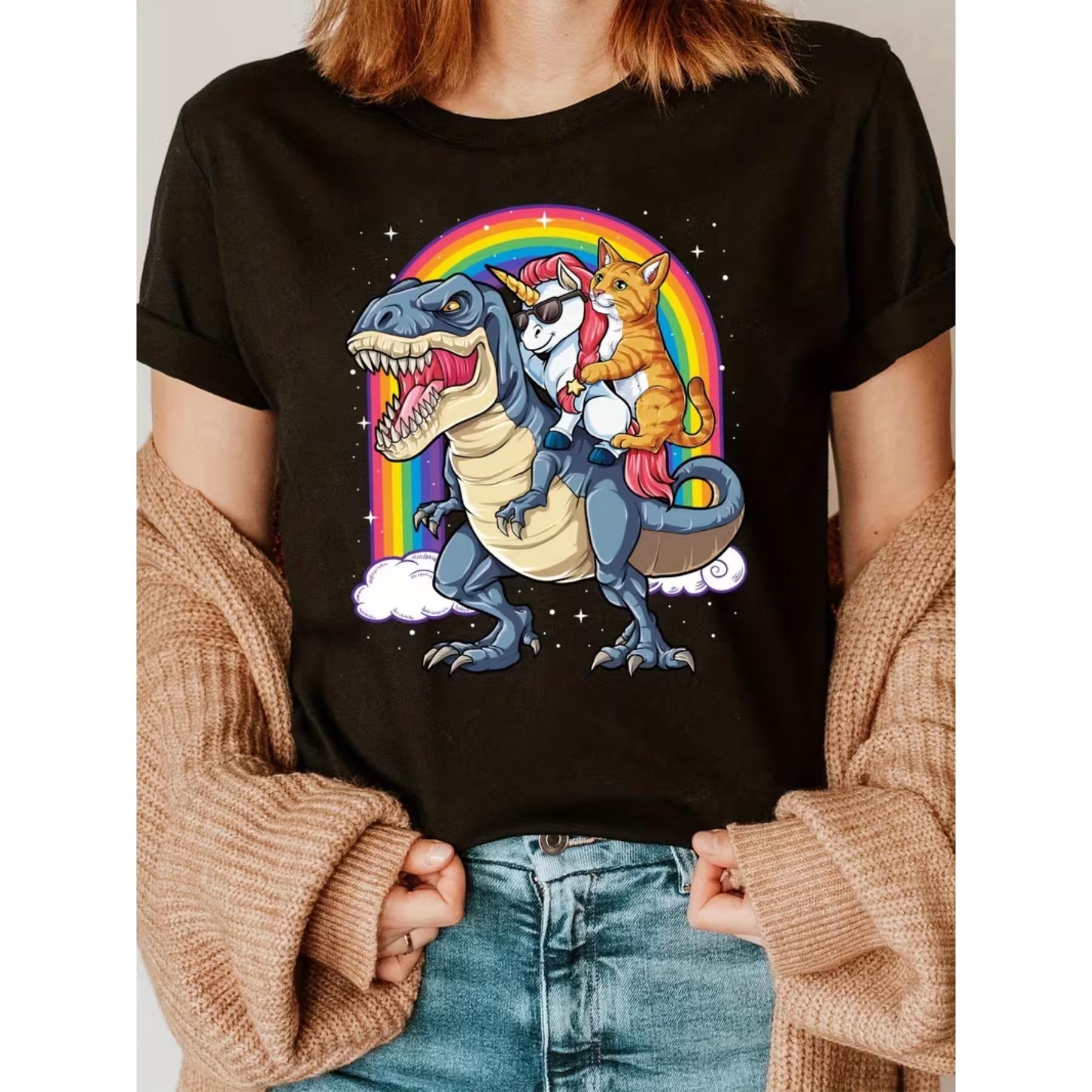 

Cat Unicorn Riding A Dinosaur Fashion Letter Print T-Shirt, Short Sleeve Crew Neck Casual Top for Summer & Spring S чёрный