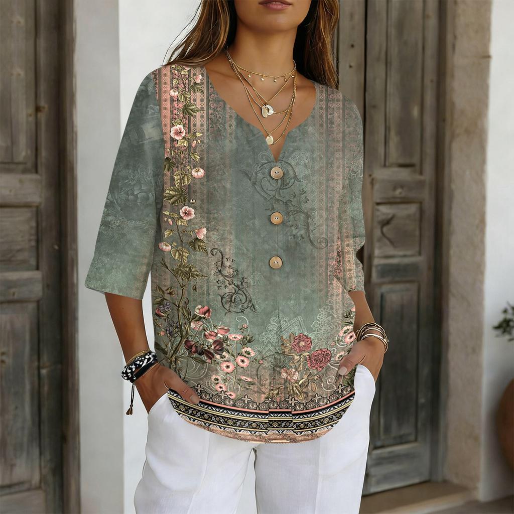 Damenhemden Elegante Freizeit-T-Shirts 3/4-Ärmel Tunika-Oberteile Basic-T-Shirts Pullover Arbeitsblusen
