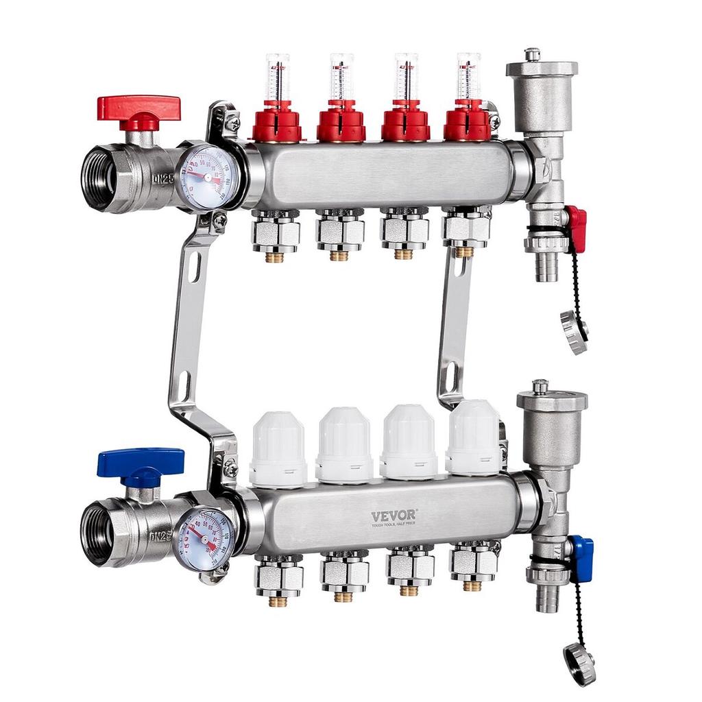 4-Strang Flächenheizungsverteiler 1/2" PEX-Rohr Fußbodenheizungsverteiler-Set