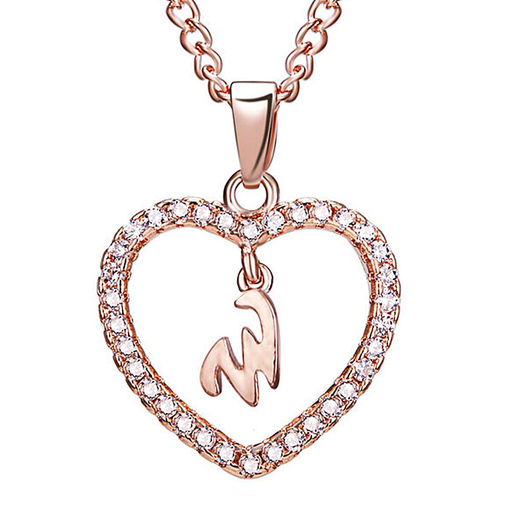 26 Letters W Heart Shape Pendant Necklace Rhinestone Rose Golden Clavicular Chain Jewelry Couple Gift