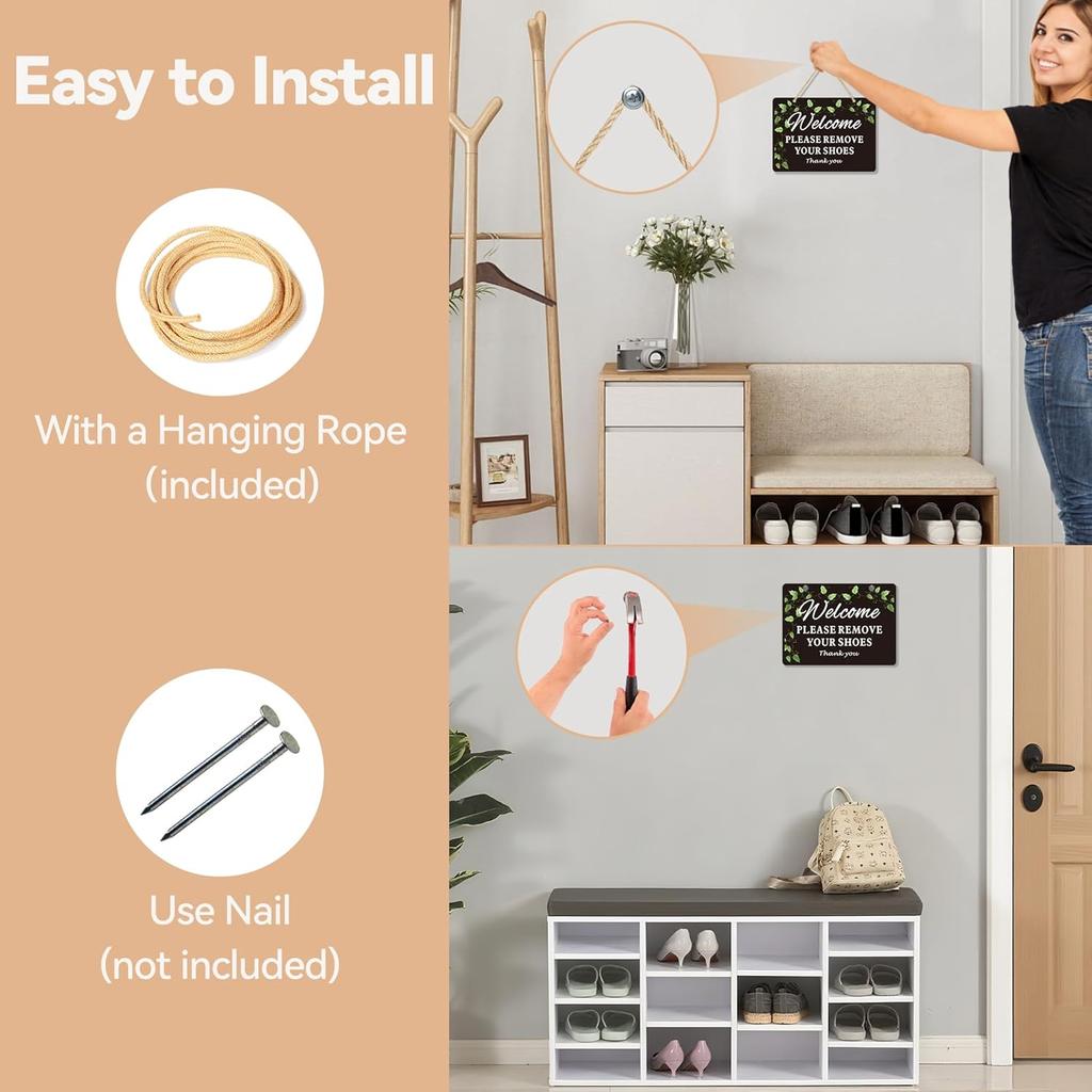 2 Pack Please Remove Your Shoes Front Door Signs - Aluminum Welcome Take Off Your Shoe Sign for Home with Hanging Rope - No Shoe Signs for House