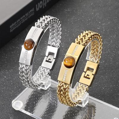 Hip-Hop Mit Diamanten besetzter Schmuck, Personalisierter Retro Vorder- und Rückseitenketten-Spleiß Tigerauge Gebogenes Marken-Titanstahl-Herrenarmband