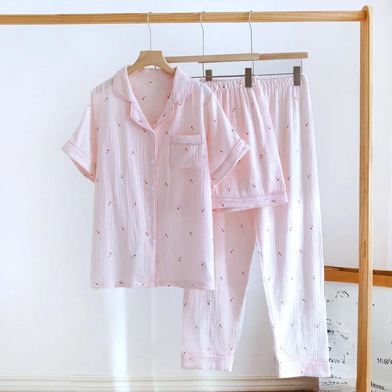 Cotton Women's Pajamas Printed Short Sleeve 3 Pieces Set Spring Summer Homewear Night Suit Female Sleepwear Sleep Clothes