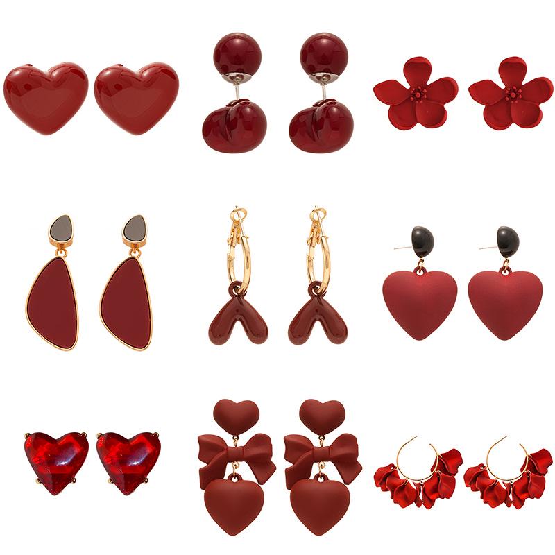 Retro Red Heart Flower Geometric Silver Earrings: Elegant Autumn & Winter Accessories for Women
