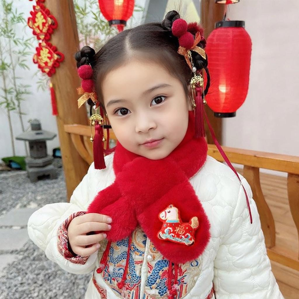 Autumn Winter Children'S Scarf Chinese Style Zodiac Animals Red Scarf Cartoon Pony Plush Neck Warm Scarves New Year Gift