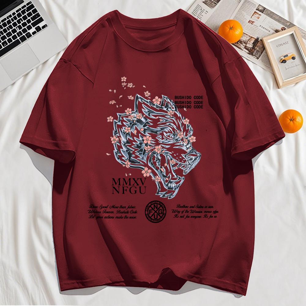Line Draft Tiger Cherry Blossom Print Men T-Shirt Cotton Casual T Shirt Summer Loose Hip Hop Clothes