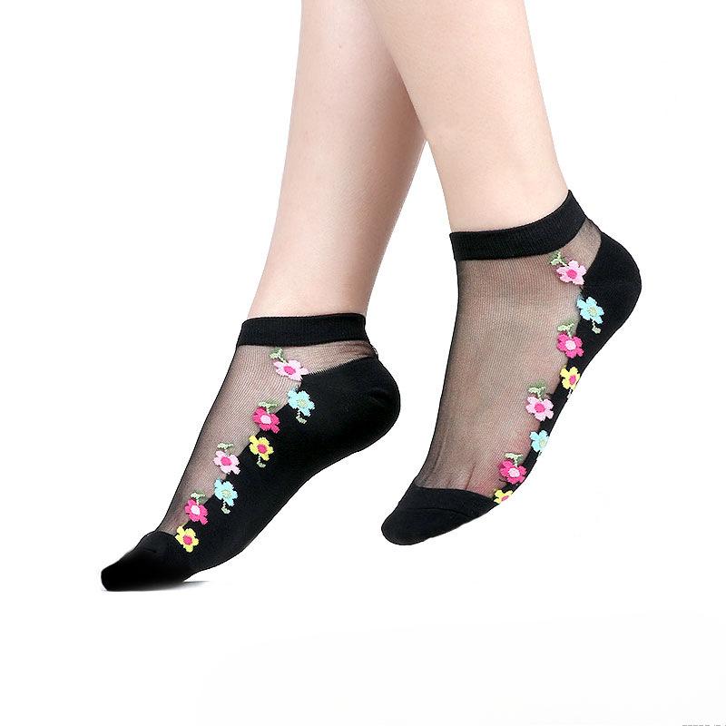 5 Pairs of Women's Summer Embroidered Non Slip Cotton Bottom Glass Silk Socks