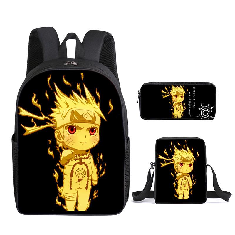 Naruto Naruto Rucksack Dreiteiliges Set, Schulranzen für Grund- und Sekundarschule, Umhängetasche, Messenger Bag, Federmäppchen.