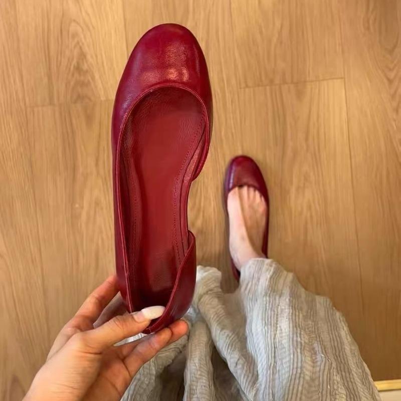 Cowhide version~ Simple round head shallow mouth side empty ballet shoes women's new versatile inner height-increasing commuting shoes