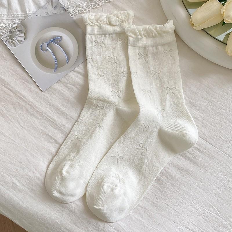 Lace Bubble Mouth Socks Pure Cotton Boneless Pile Socks Spring And Autumn Thin Cute Sweet Bow Tube Socks