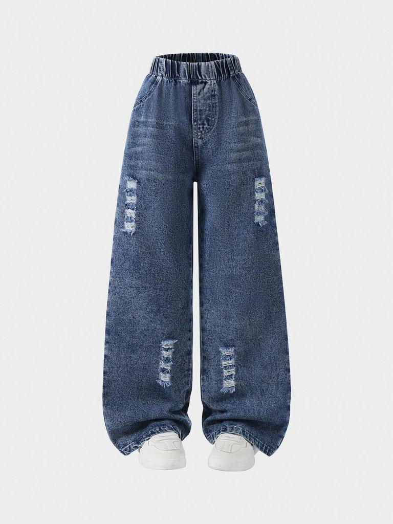 Single-piece girls' outdoor casual blue retro ripped straight leg loose long jeans for autumn and winter.