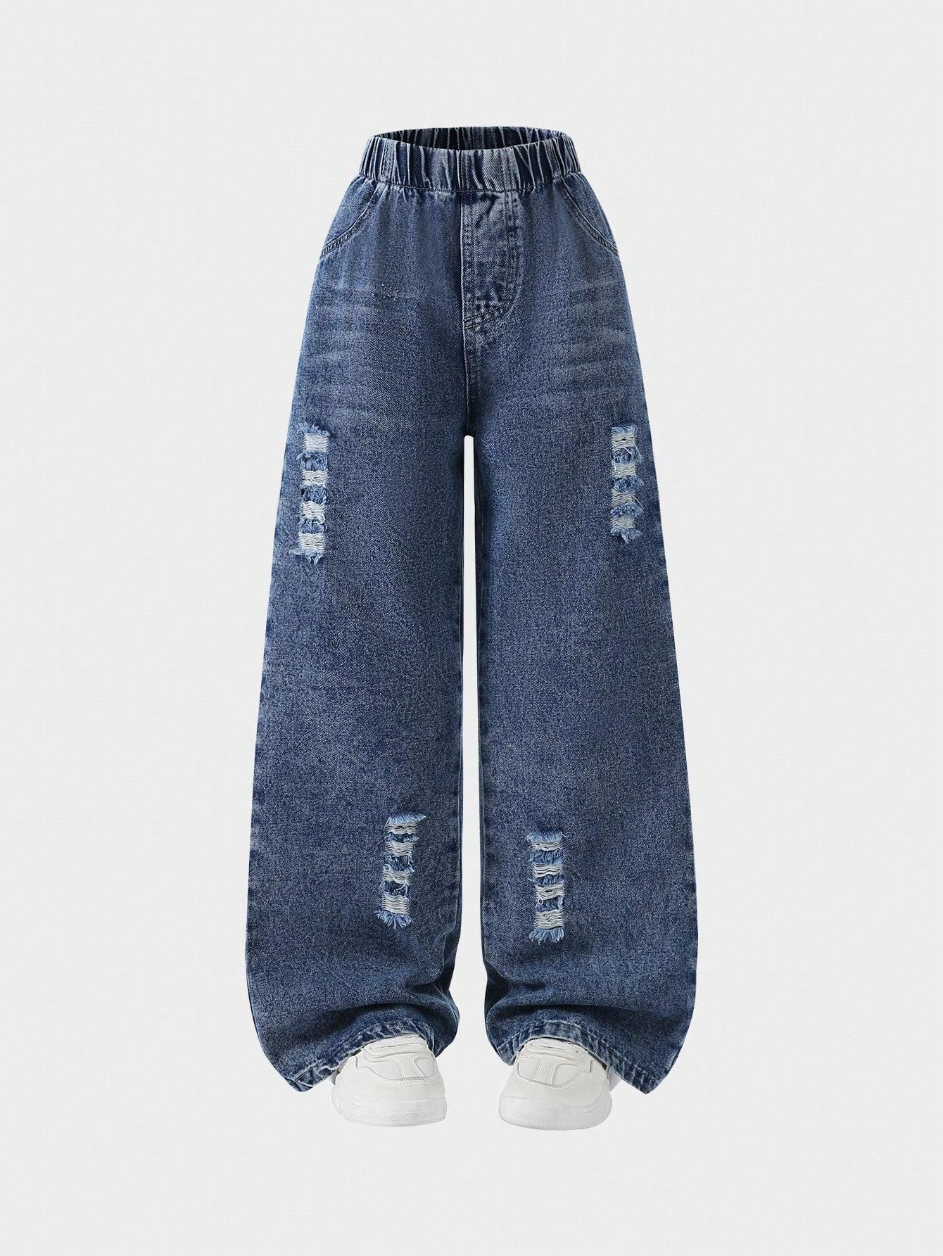 Single-piece girls  outdoor casual blue retro ripped straight leg loose long jeans for autumn and winter. 4Y средний синий