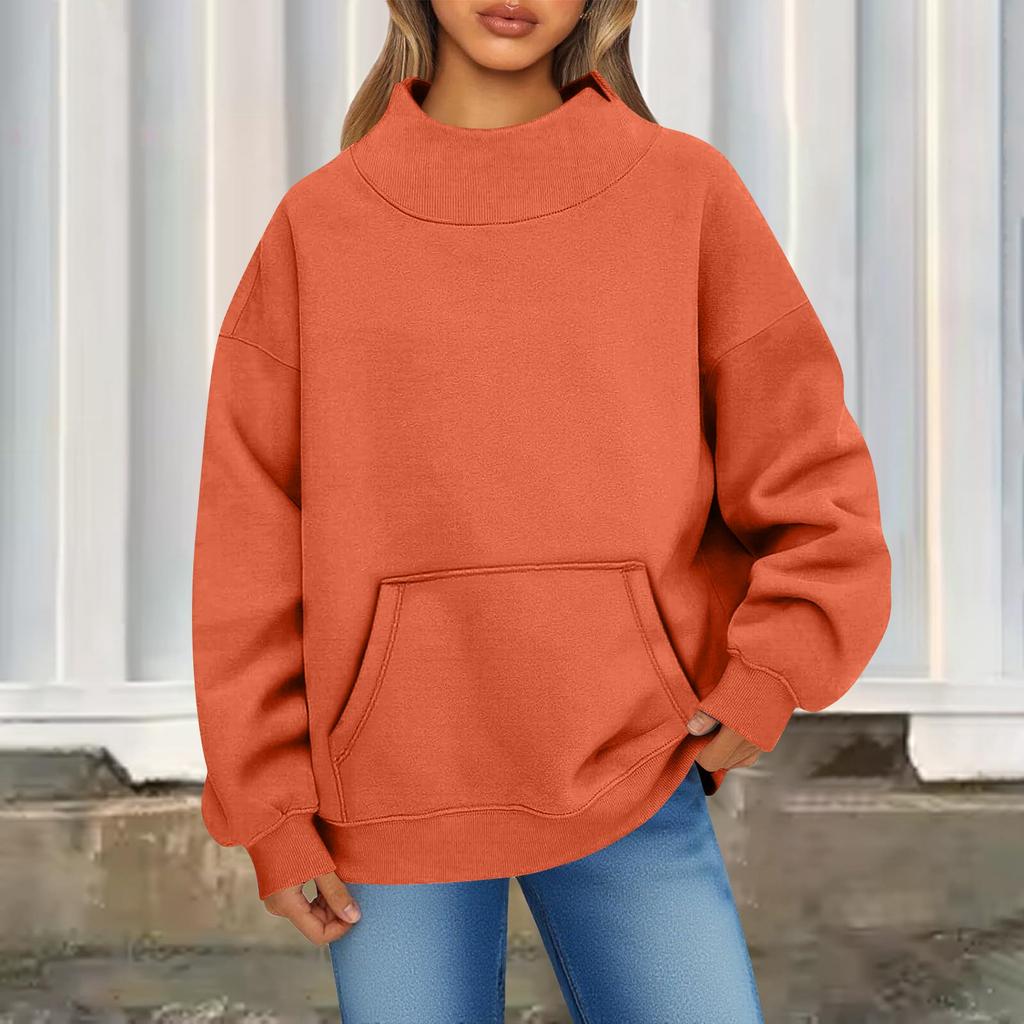 Damen Modisch Lässig Einfarbig Rundhals Langarm Tasche Sportlich Lässig Pullover Sweatshirt Top
