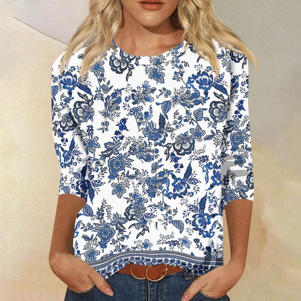 Women's Fashion Casual Round Neck 3/4 Sleeve Loose Printed T-Shirt Ladies Top