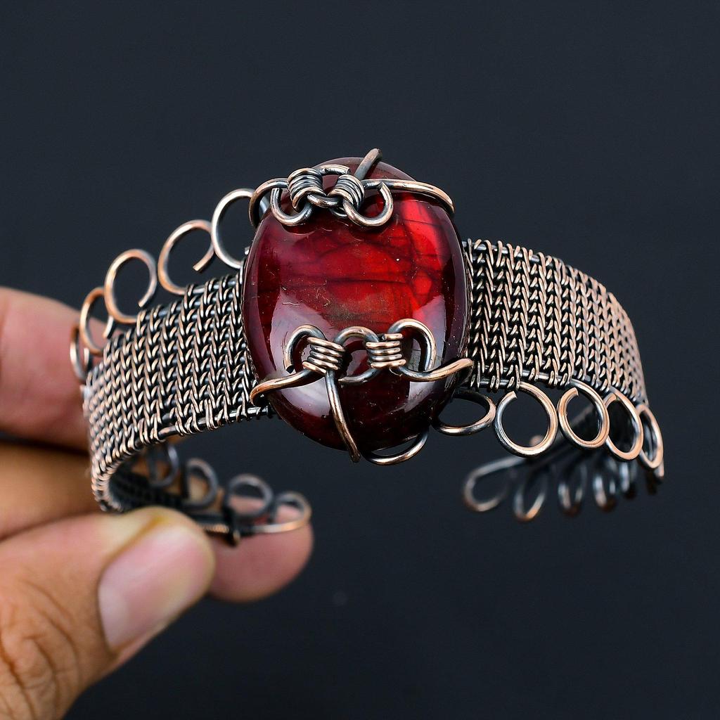 Red Flash Labradorite Pure Copper Wire Wrapped Handmade Jewelry Bangle Bracelet Adjustable
