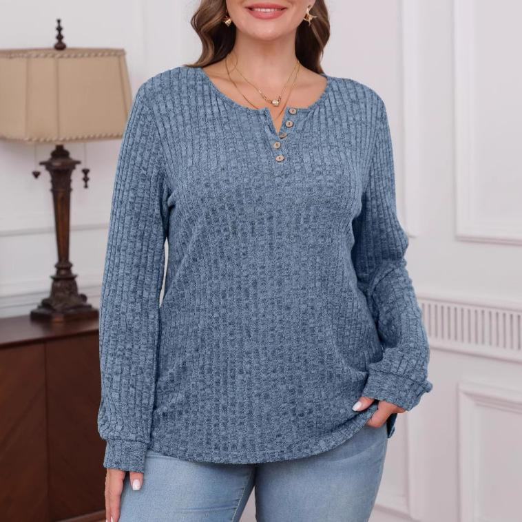 Women's Ribbed Knit Long Sleeve Henley Top Casual Button Front Blouse