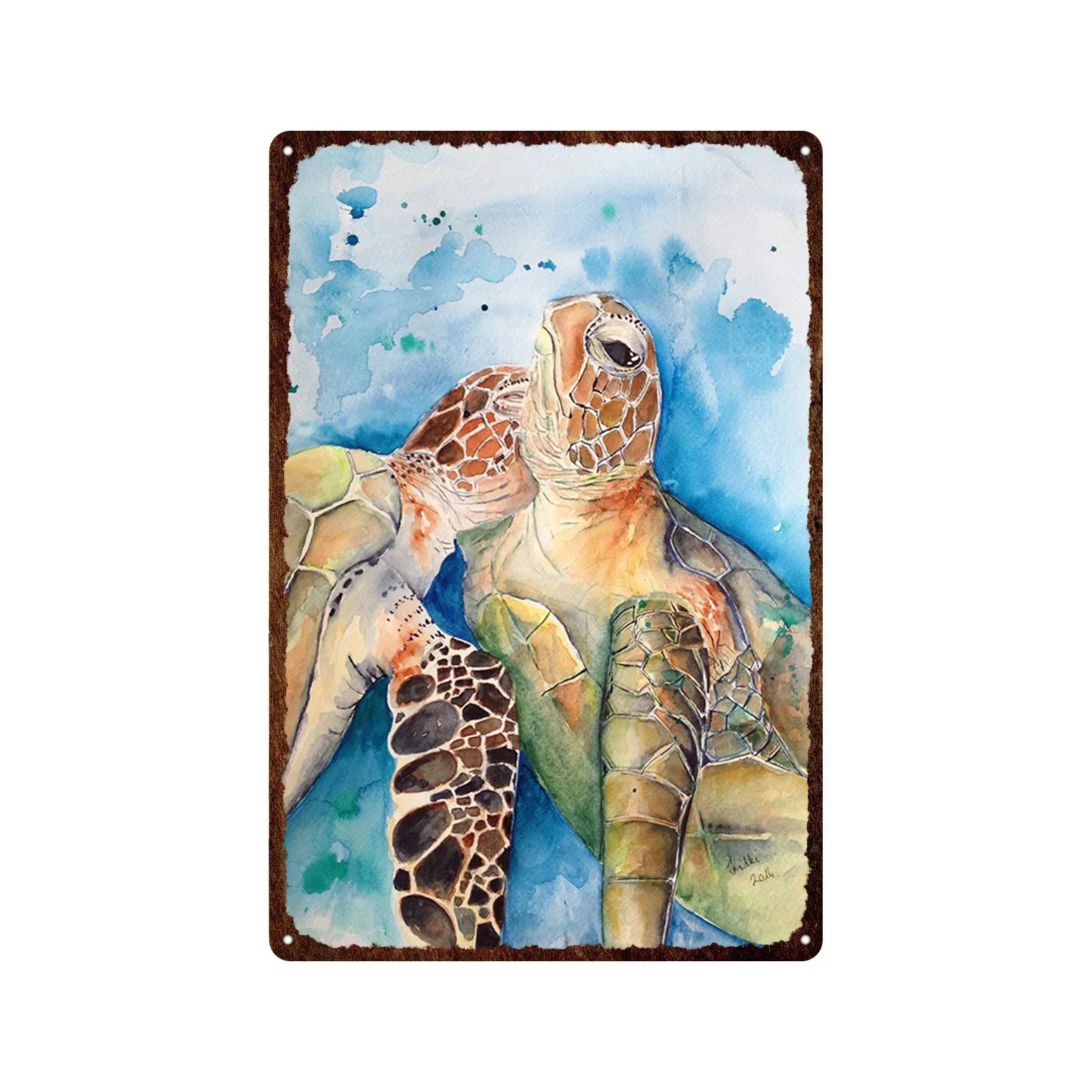 Vintage Ocean Shell Jellyfish Turtle Octopus Animal Metal Plate Wall Decor Poster Man Cave Bar Club Decoration Tin Signs 20x30cm（7.8x11.8inch）