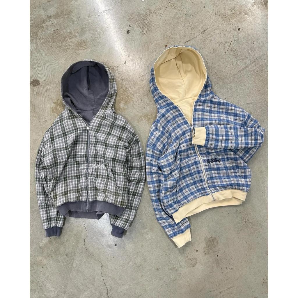 STREETRICH Herbst und Winter Neu Amerikanischer Retro Stehkragen, Vorne und Hinten Locker Arbeitskleidung, Karierte Kapuzenjacke