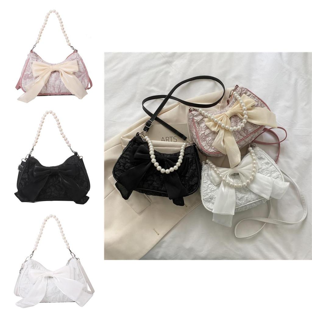 2024 New Fashion Small Shoulder Bag Women Stylish Crossbody Bag With Cute Pleats And Lovely Bow Pearl Handbag In White