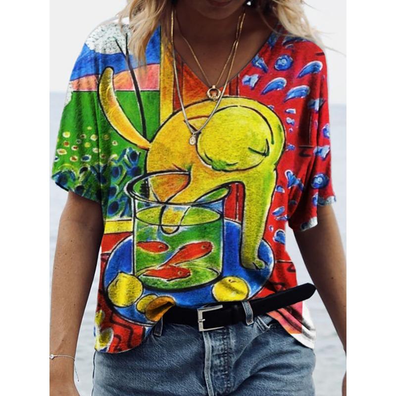 Summer V-neck 3D Cat Flower Colorful Printed Top Fashionable Casual Short Sleeved Women's T-shirts