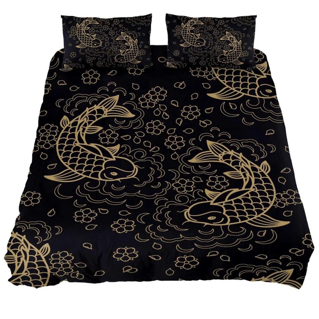 Japanese Duvet Cover Koi Carp Couple Swimming Cherry Blossom Branch Culture Design For Bedroom Decorative Orange Grey Women Men