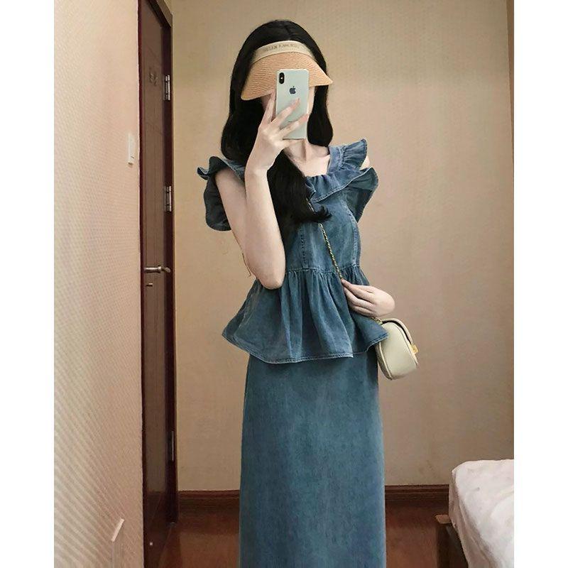 Women s Retro Denim Ruffle Sleeve Top & High Waist Skirt Set S