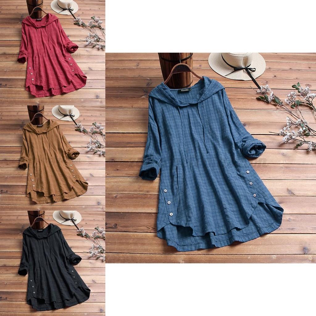 Trendy Women Asymmetrical Hem Hooded Shirt Tops With Comfortable Cotton Blend Fabric