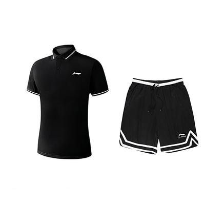 Li Ning Logo-Print Schnelltrocknendes Polo Bequeme Mode Kurzarm Freizeit Sport Set Unisex Sets Schwarz YPLU075-3+YAPV001-1