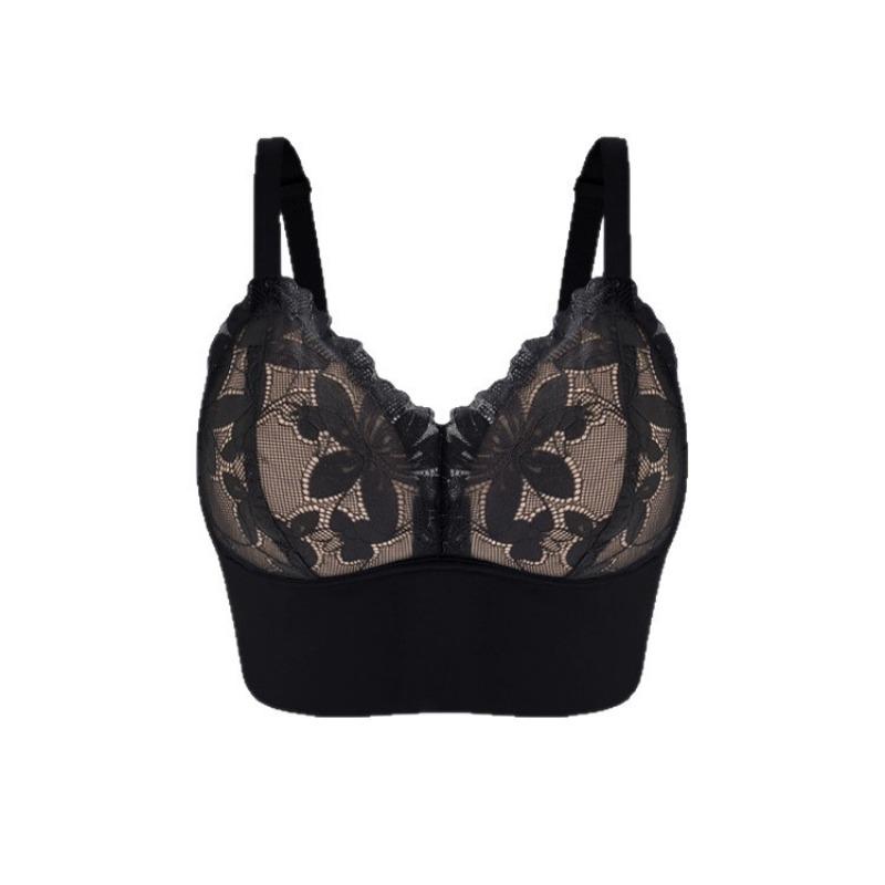 Women Black Floral Lace Longline Push Up Supportive Comfortable Adjustable Strap Bra