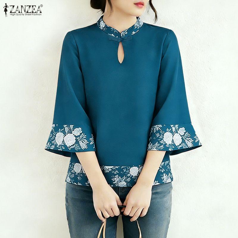 ZANZEA Women Casual Stand Collar Summer Floral Splice 3/4 Sleeve Blouse