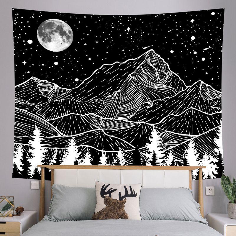 Black White Starry Mountain Moon Wall Tapestry Night Sky Pine Tree Forest Landscape Line Art Minimalist Nature Decor Soft