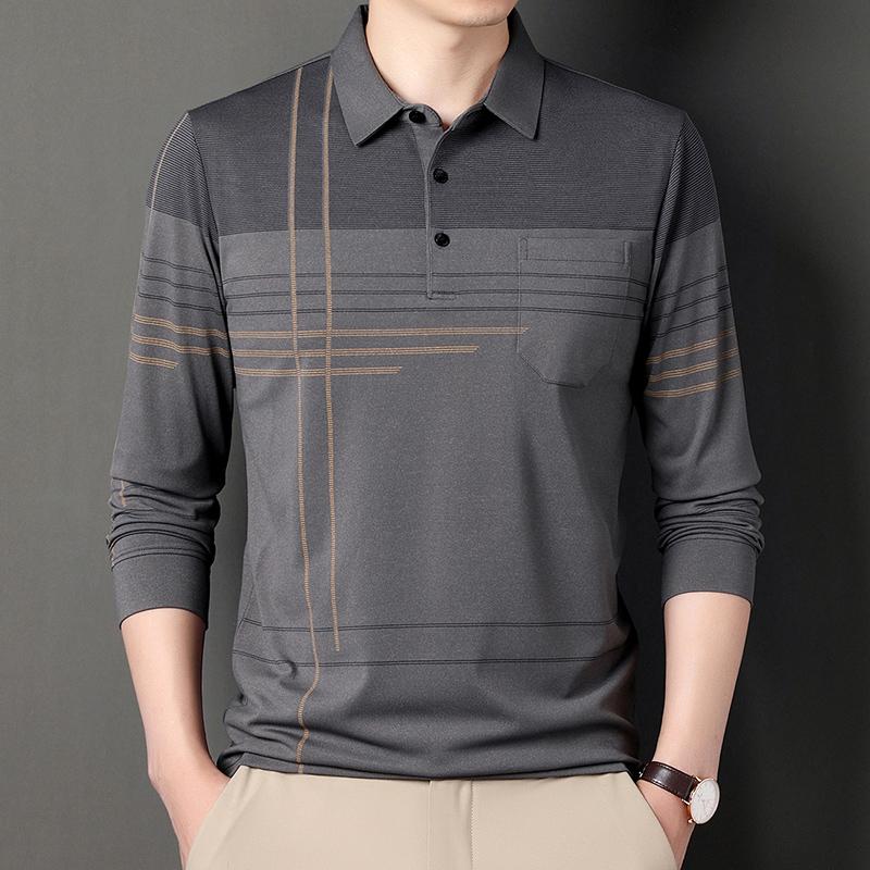 

New Men Long Sleeve Polo Shirt Lapel Stripe Business Polo Shirt Turn Down Collar Casual T-Shirt with Pockets M серый